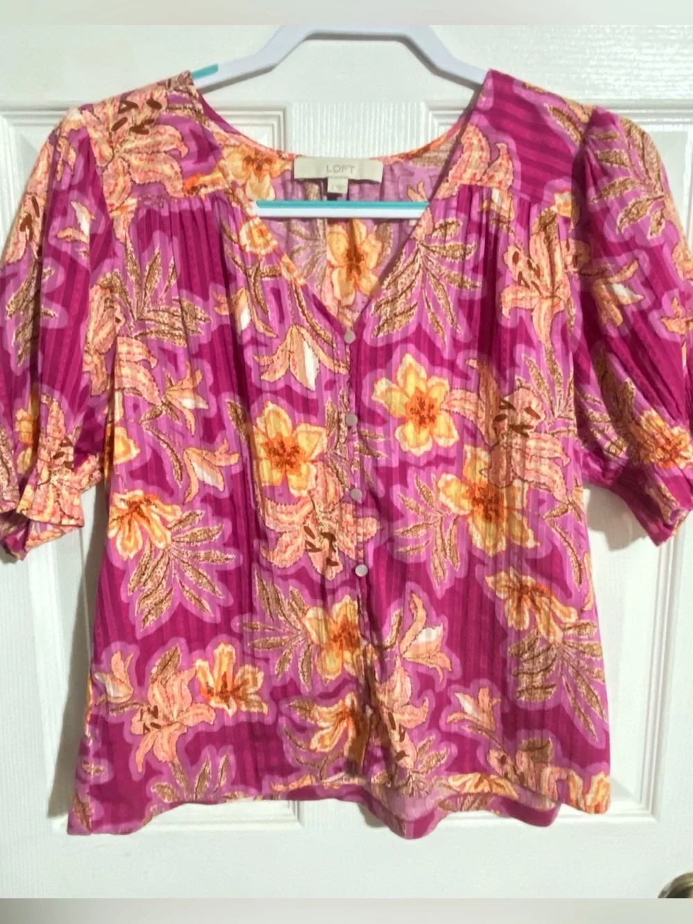 Loft Top Small Pink Orange Floral Button Front Cotton Short Sleeve Boho Peasant